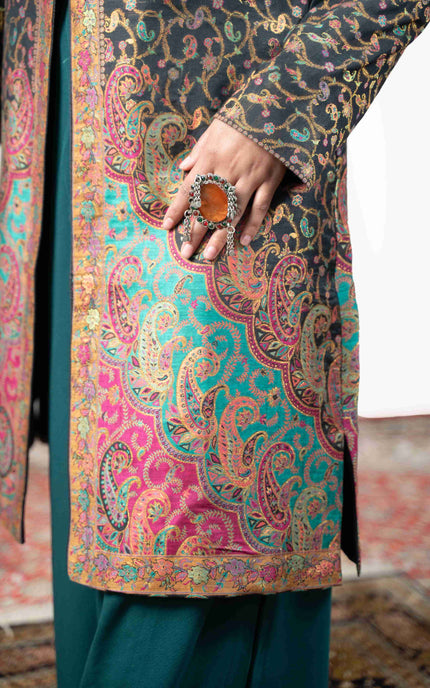 Kashmiri Kani With Zari Embroidery Jacket - Black Zari | Silk Long - ARTISANS KASHMIR