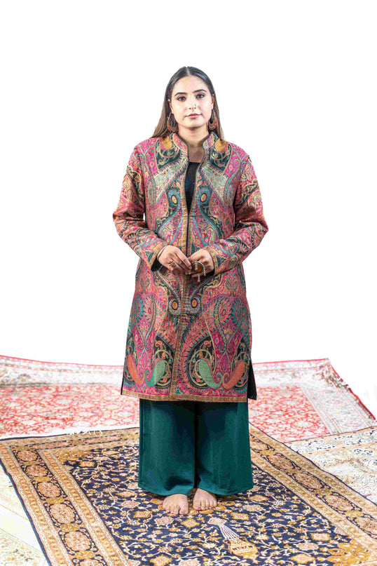 Kashmiri Kani With Aari Embrodiery Jacket - Designer Purple | Silk Long - ARTISANS KASHMIR