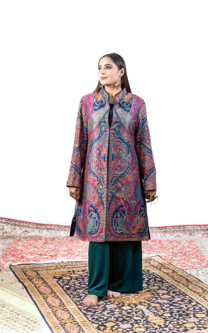 Kashmiri Kani With Zari Embroidery Jacket - Designer Blue Zari | Silk Long - ARTISANS KASHMIR
