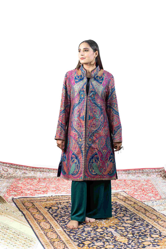 Kashmiri Kani With Zari Embroidery Jacket - Designer Blue Zari | Silk Long - ARTISANS KASHMIR