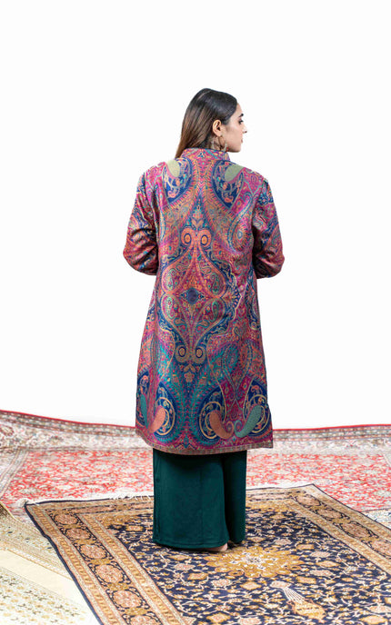 Kashmiri Kani With Zari Embroidery Jacket - Designer Blue Zari | Silk Long - ARTISANS KASHMIR