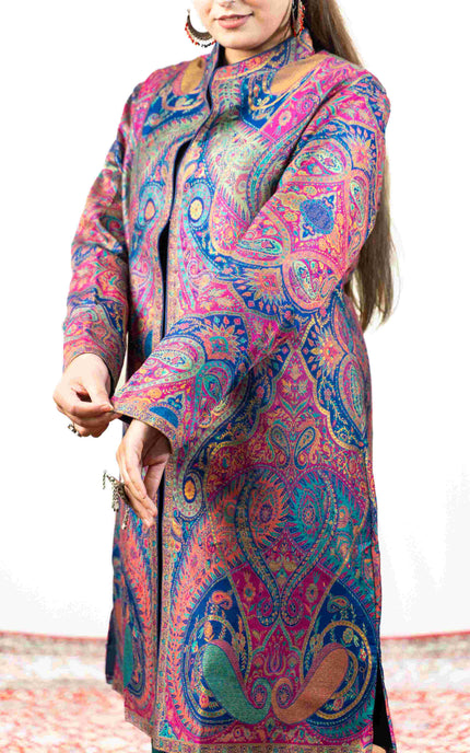 Kashmiri Kani With Zari Embroidery Jacket - Designer Blue Zari | Silk Long - ARTISANS KASHMIR
