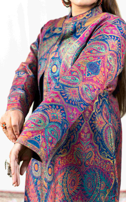 Kashmiri Kani With Zari Embroidery Jacket - Designer Blue Zari | Silk Long - ARTISANS KASHMIR