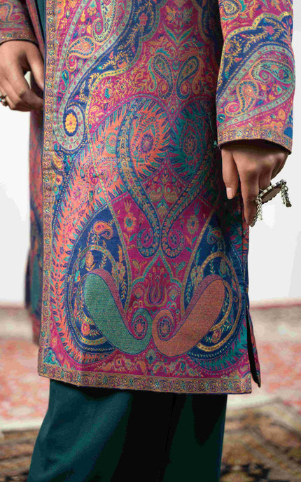 Kashmiri Kani With Zari Embroidery Jacket - Designer Blue Zari | Silk Long - ARTISANS KASHMIR