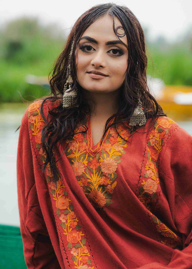 Kashmiri Aari Work Phiran - Maroon | Fringe - ARTISANS KASHMIR