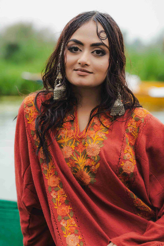 Kashmiri Aari Work Phiran - Maroon | Fringe - ARTISANS KASHMIR