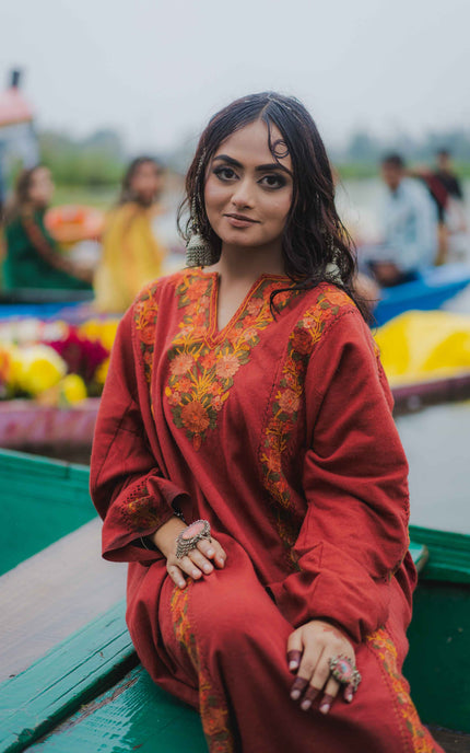 Kashmiri Aari Work Phiran - Maroon | Fringe - ARTISANS KASHMIR