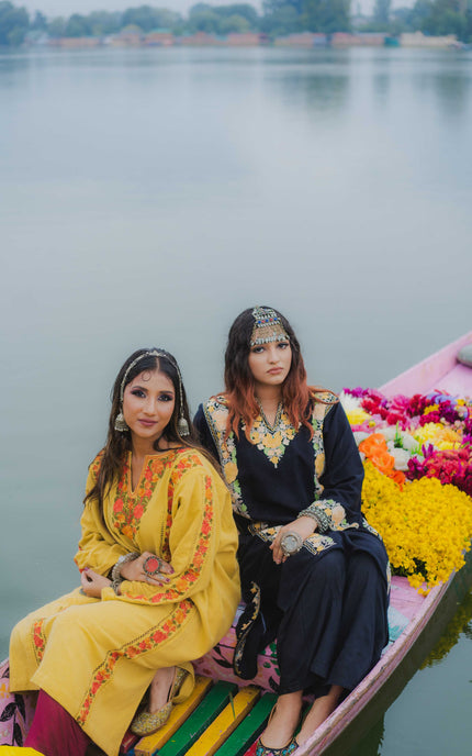 Kashmiri Pastel Aari Work Phiran - Black | Abshar - ARTISANS KASHMIR