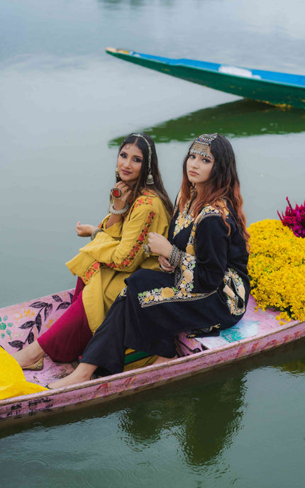 Kashmiri Pastel Aari Work Phiran - Black | Abshar - ARTISANS KASHMIR