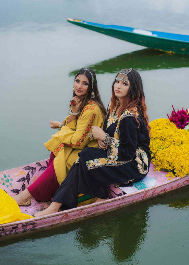 Kashmiri Pastel Aari Work Phiran - Black | Abshar - ARTISANS KASHMIR