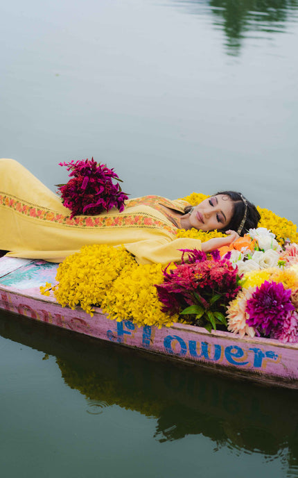 Kashmiri Aari Work Phiran - Yellow | Fringe - ARTISANS KASHMIR