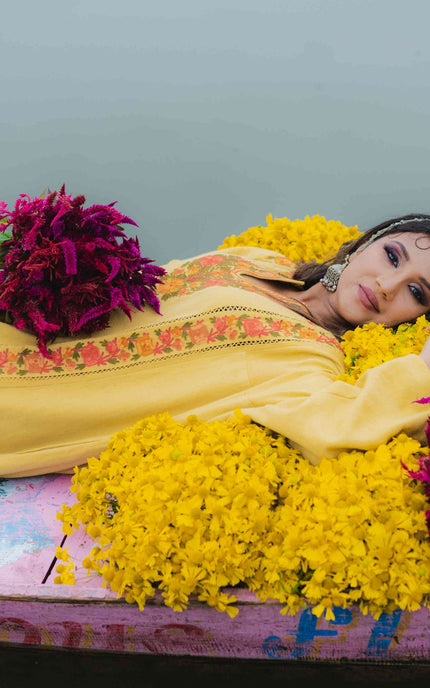 Kashmiri Aari Work Phiran - Yellow | Fringe - ARTISANS KASHMIR