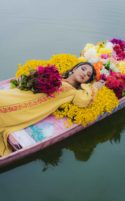 Kashmiri Aari Work Phiran - Yellow | Fringe - ARTISANS KASHMIR