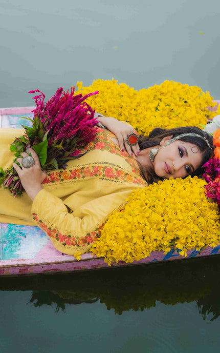 Kashmiri Aari Work Phiran - Yellow | Fringe - ARTISANS KASHMIR