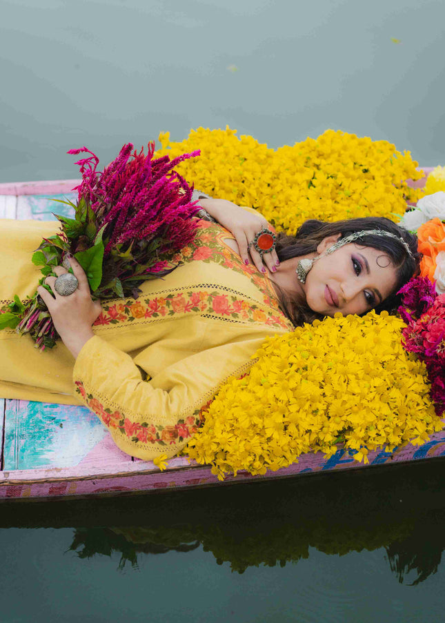 Kashmiri Aari Work Phiran - Yellow | Fringe - ARTISANS KASHMIR