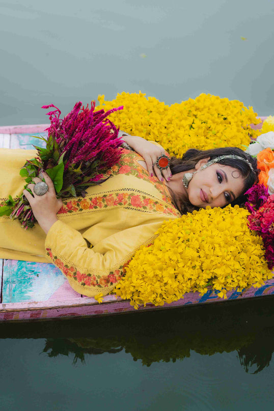 Kashmiri Aari Work Phiran - Yellow | Fringe - ARTISANS KASHMIR