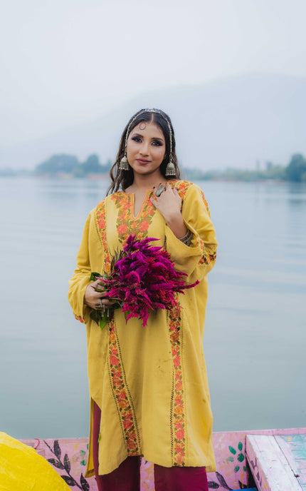 Kashmiri Aari Work Phiran - Yellow | Fringe - ARTISANS KASHMIR