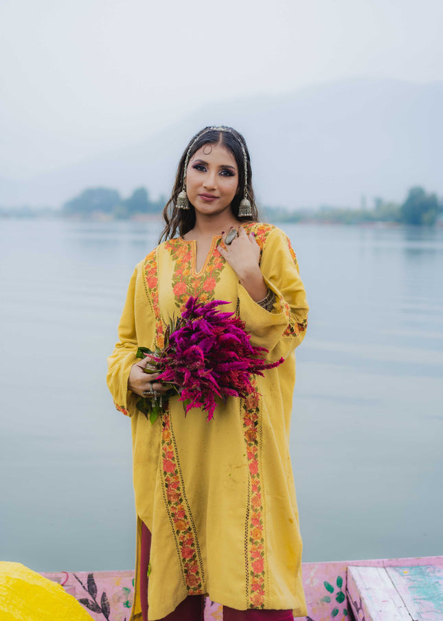 Kashmiri Aari Work Phiran - Yellow | Fringe - ARTISANS KASHMIR