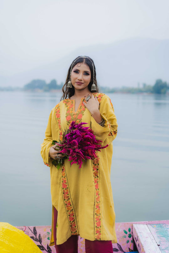 Kashmiri Aari Work Phiran - Yellow | Fringe - ARTISANS KASHMIR