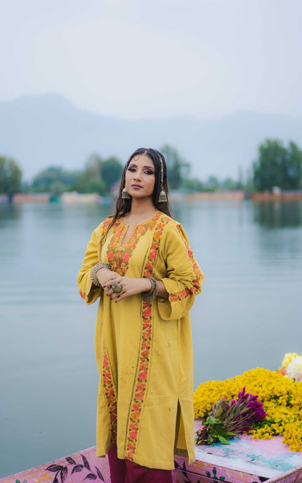 Kashmiri Aari Work Phiran - Yellow | Fringe - ARTISANS KASHMIR