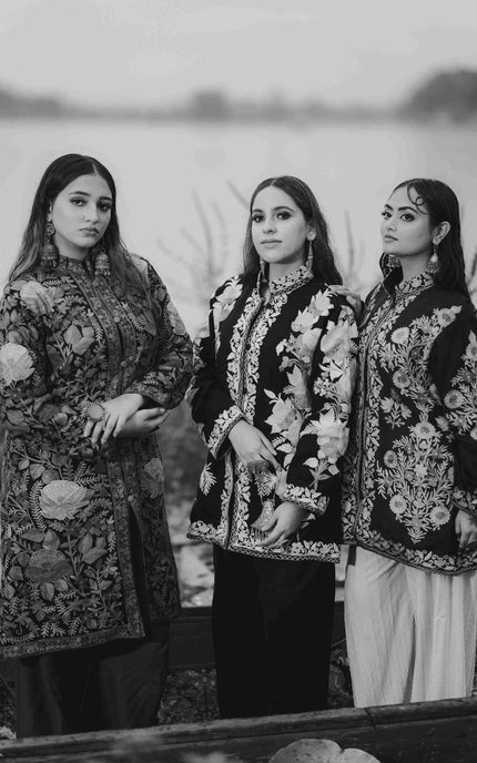 Kashmiri Jamawar Aari Work Jacket - Black | Pashm - ARTISANS KASHMIR