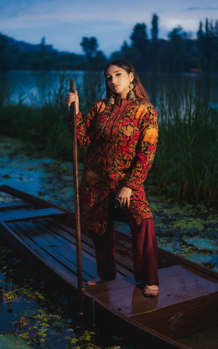 Kashmiri Jamawar Aari Work Jacket - Black | Pashm - ARTISANS KASHMIR