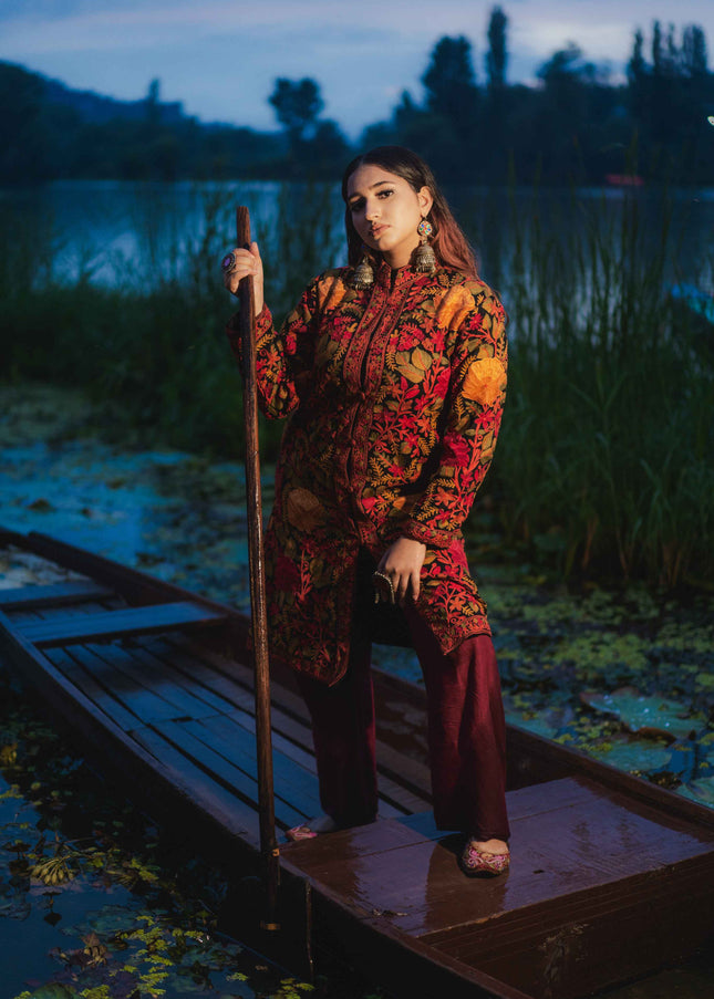 Kashmiri Jamawar Aari Work Jacket - Black | Pashm - ARTISANS KASHMIR