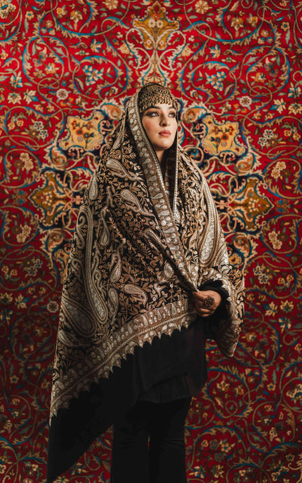 Kashmiri Tilla Embroidery Shawl - Black | Pashmina - ARTISANS KASHMIR