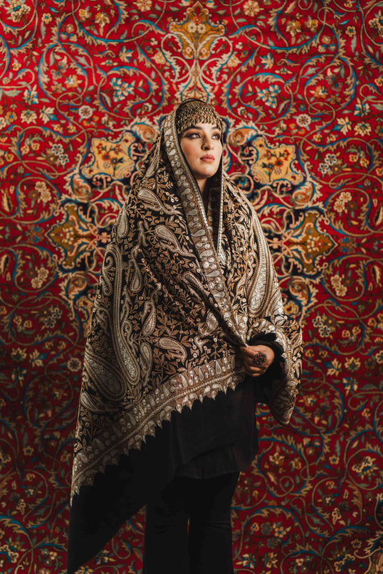 Kashmiri Tilla Embroidery Shawl - Black | Pashmina - ARTISANS KASHMIR