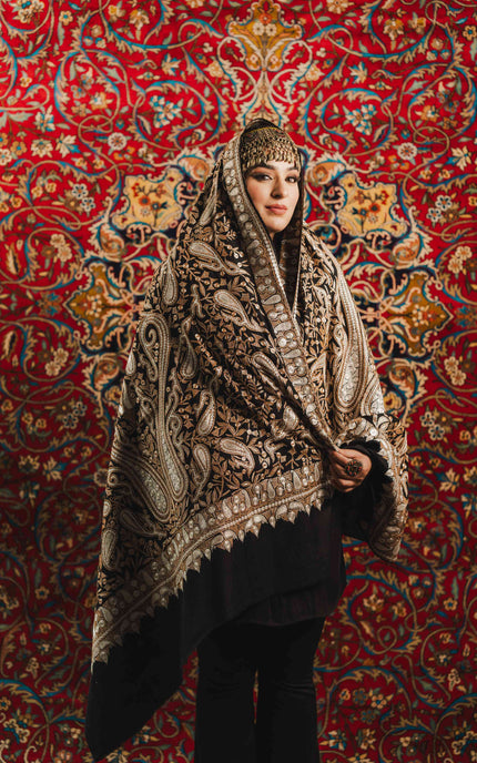 Kashmiri Tilla Embroidery Shawl - Black | Pashmina - ARTISANS KASHMIR