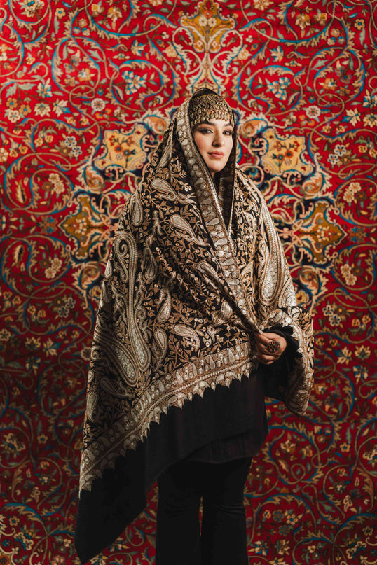 Kashmiri Tilla Embroidery Shawl - Black | Pashmina - ARTISANS KASHMIR