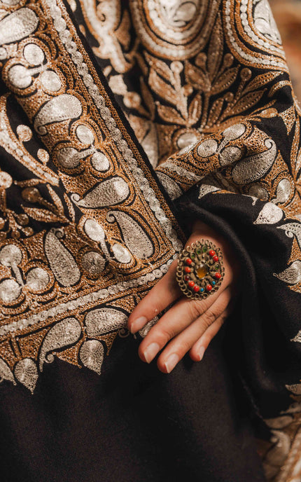 Kashmiri Tilla Embroidery Shawl - Black | Pashmina - ARTISANS KASHMIR