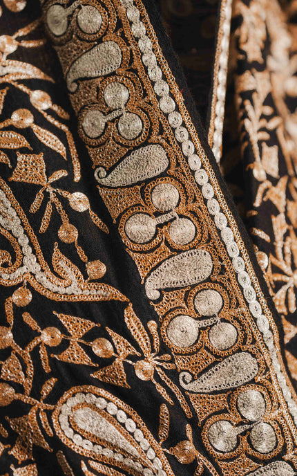 Kashmiri Tilla Embroidery Shawl - Black | Pashmina - ARTISANS KASHMIR