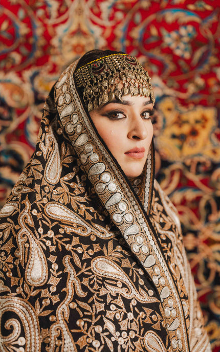 Kashmiri Tilla Embroidery Shawl - Black | Pashmina - ARTISANS KASHMIR