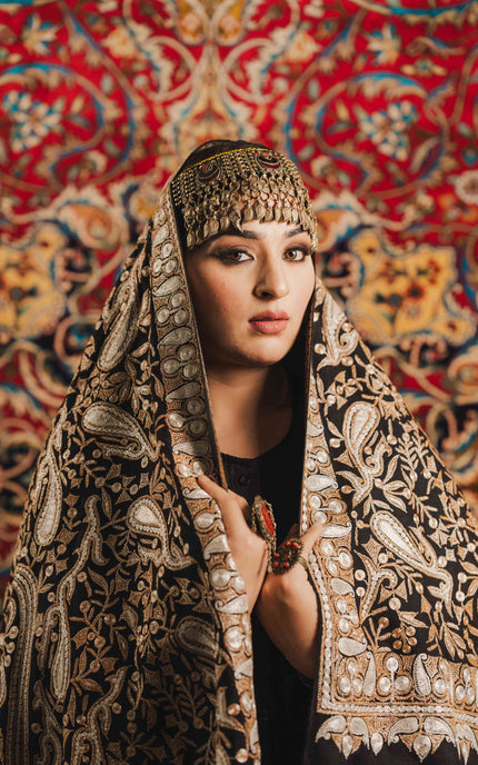 Kashmiri Tilla Embroidery Shawl - Black | Pashmina - ARTISANS KASHMIR
