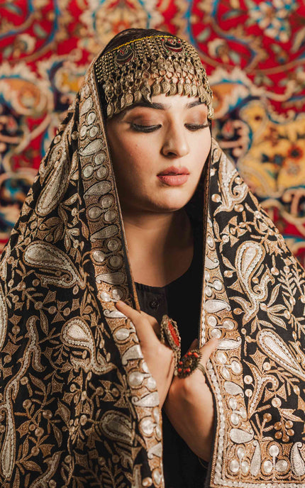 Kashmiri Tilla Embroidery Shawl - Black | Pashmina - ARTISANS KASHMIR