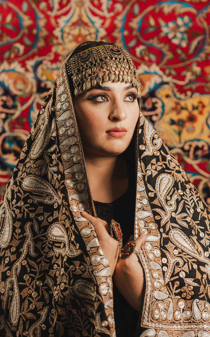 Kashmiri Tilla Embroidery Shawl - Black | Pashmina - ARTISANS KASHMIR