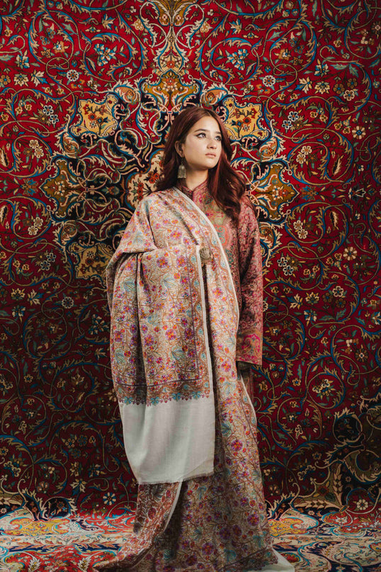 Kashmiri Sozni Jamawar Shawl - White | Paper Machie - Kashmir Jama