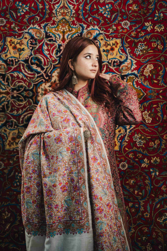 Kashmiri Sozni Jamawar Shawl - White | Paper Machie - Kashmir Jama