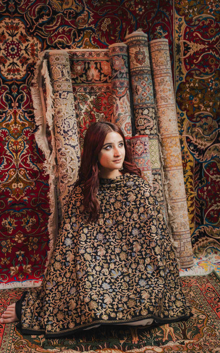 Kashmiri Aari Work Shawl - Black | Zari Outline - ARTISANS KASHMIR