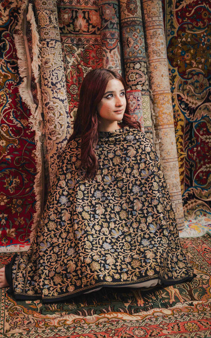 Kashmiri Aari Work Shawl - Black | Zari Outline - ARTISANS KASHMIR