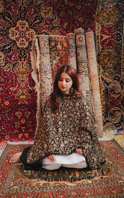 Kashmiri Aari Work Shawl - Black | Zari Outline - ARTISANS KASHMIR