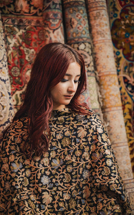 Kashmiri Aari Work Shawl - Black | Zari Outline - ARTISANS KASHMIR