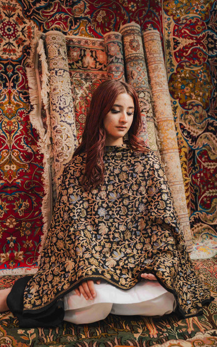 Kashmiri Aari Work Shawl - Black | Zari Outline - ARTISANS KASHMIR