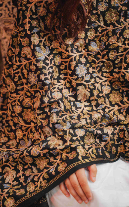 Kashmiri Aari Work Shawl - Black | Zari Outline - ARTISANS KASHMIR
