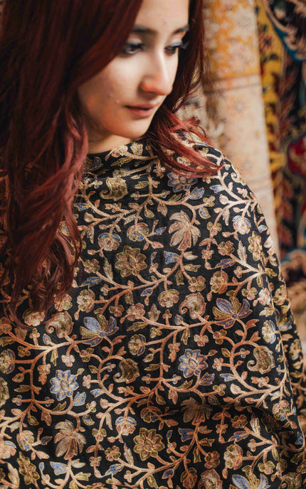 Kashmiri Aari Work Shawl - Black | Zari Outline - ARTISANS KASHMIR