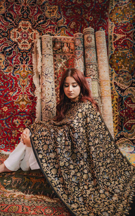 Kashmiri Aari Work Shawl - Black | Zari Outline - ARTISANS KASHMIR