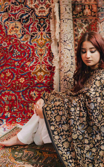 Kashmiri Aari Work Shawl - Black | Zari Outline - ARTISANS KASHMIR