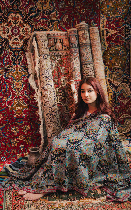 Kashmiri Kalamkari Shawl - Black Hamdan | Zari Outline - Kashmir Jama