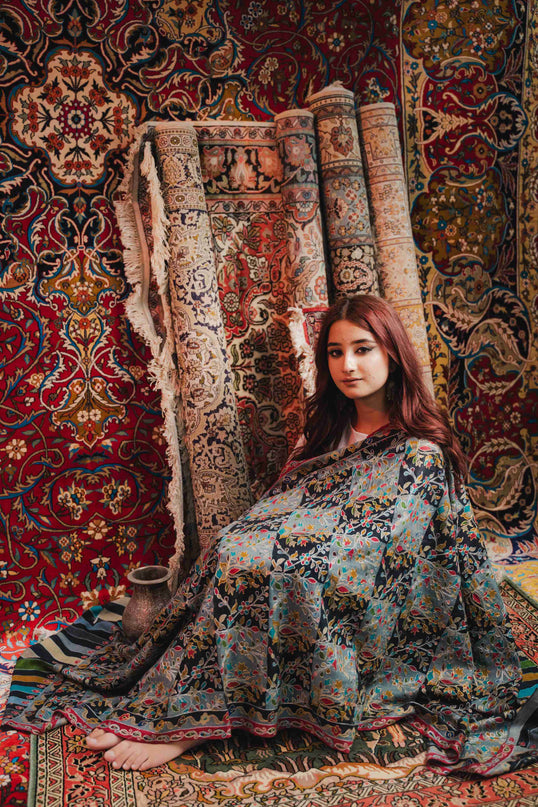 Kashmiri Kalamkari Shawl - Black Hamdan | Zari Outline - ARTISANS KASHMIR